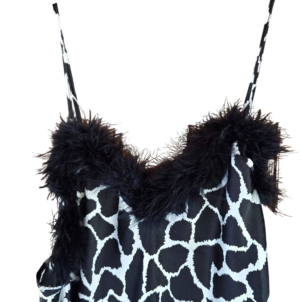 Cinema Etoile Vintage Giraffe Print Slip Dress With Black Feather Trim